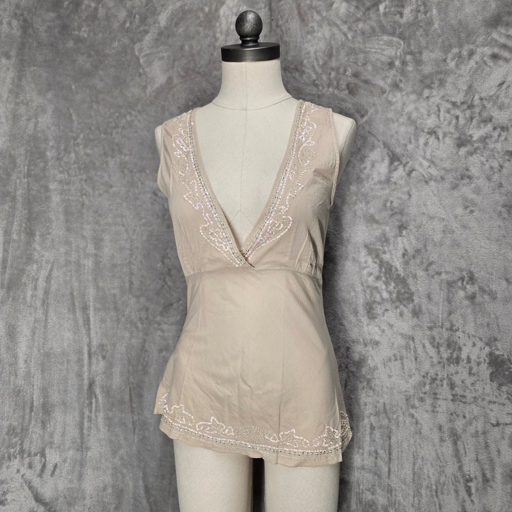 Guess Y2K Top Women L Tan‎ Sequin Embroidered V-Neck Fairy Coquette Cotton Boho